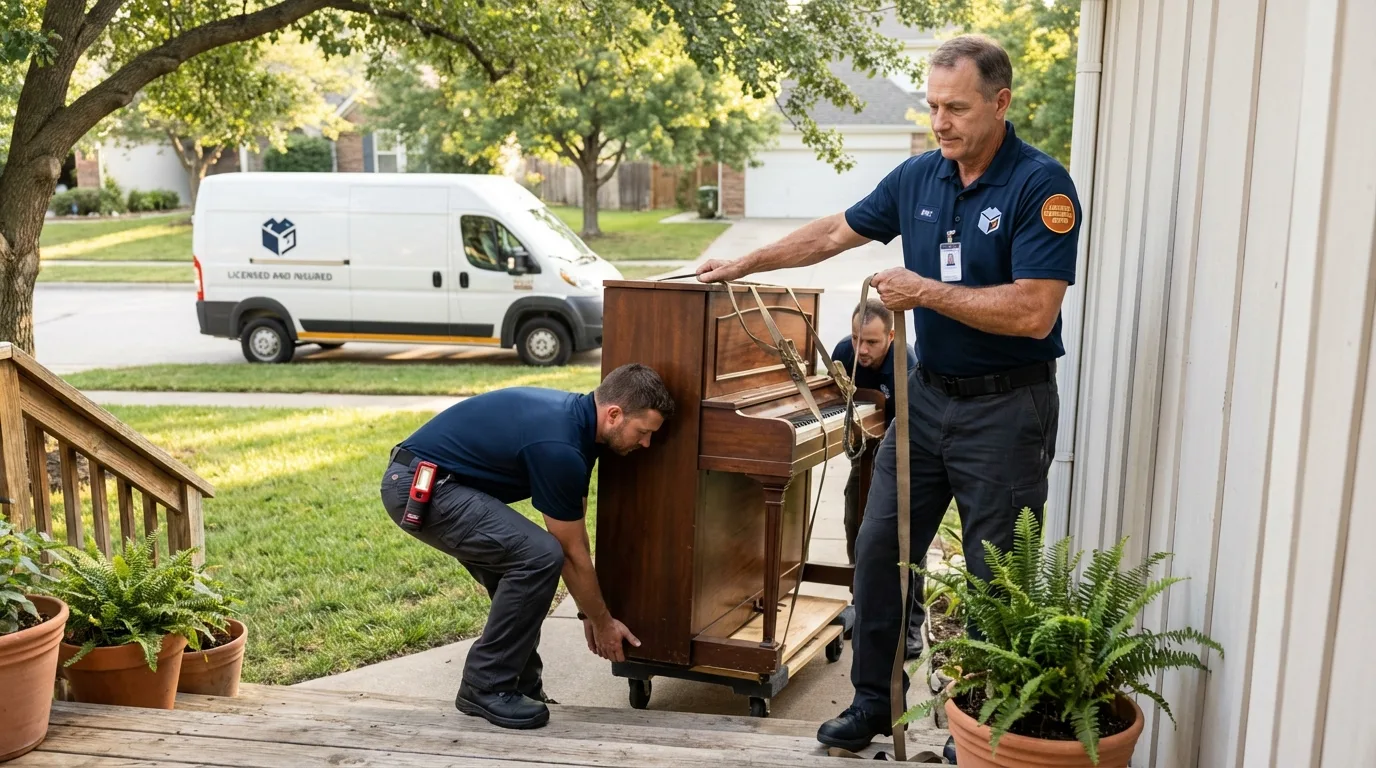 Licensed piano movers securing grand piano in Dodge City, KS