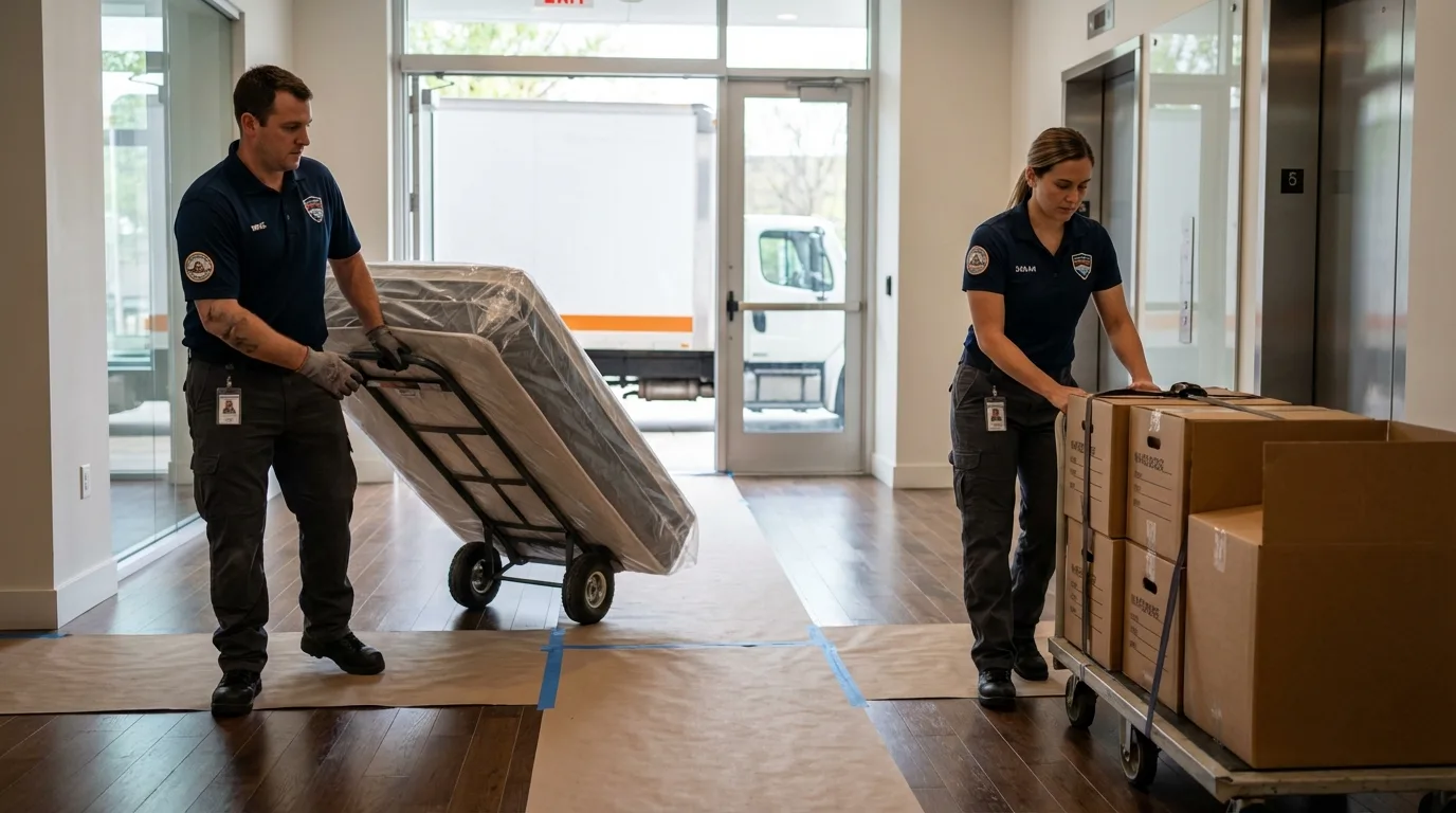 Professional apartment movers loading elevator in Dodge City, KS