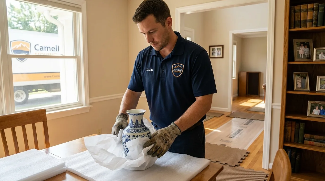 Professional crew carefully wrapping antique vase for senior downsizing move in Dodge City, KS